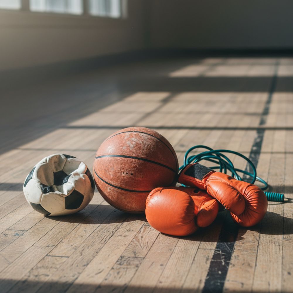 Basketball, boxing gloves, and jump rope on a wooden floor