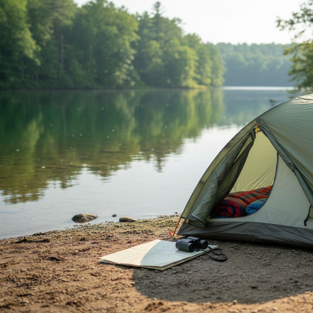 Camping tent by a lake with reflection