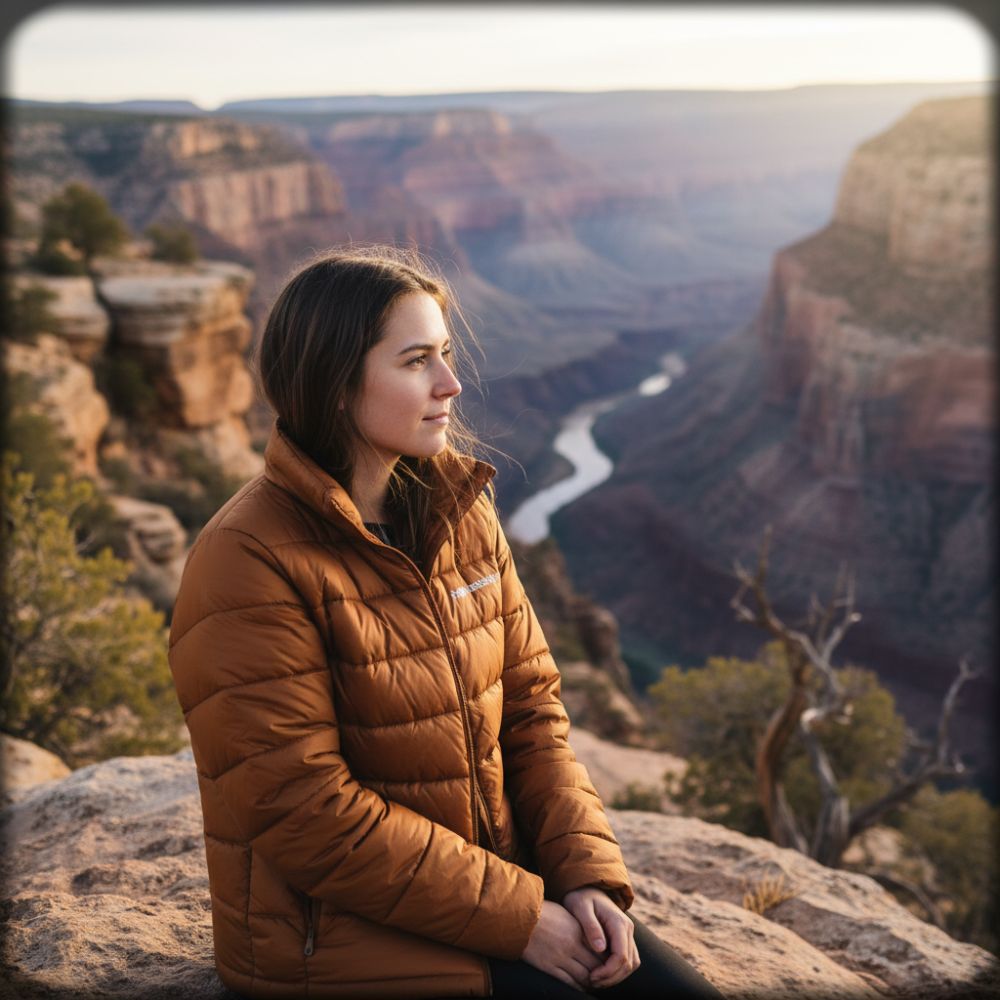 Person in a brown jacket sitting on a rocky outcrop with a scenic view of a river and cliffs.