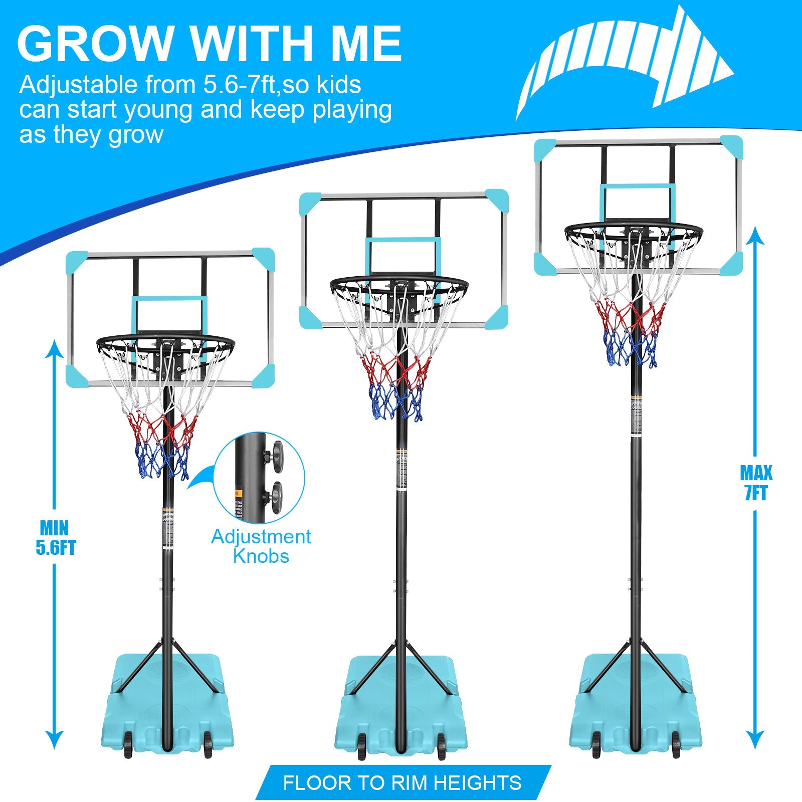 Portable Basketball Goal System Adjustable Height with Wheels Stable Base