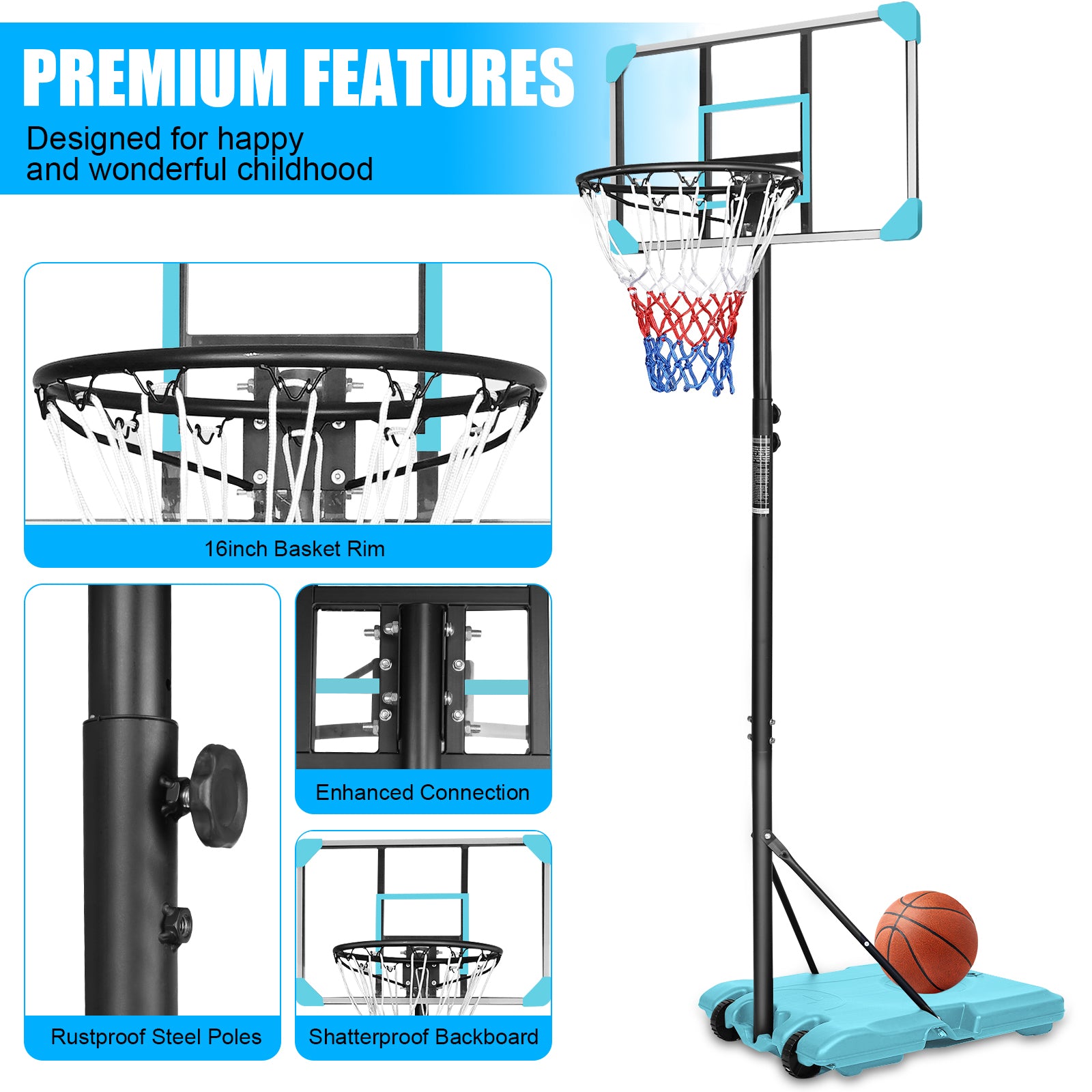 Portable Basketball Goal System Adjustable Height with Wheels Stable Base