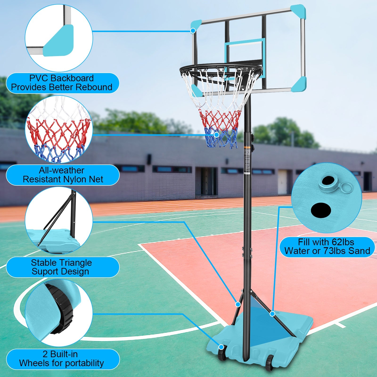 Portable Basketball Goal System Adjustable Height with Wheels Stable Base