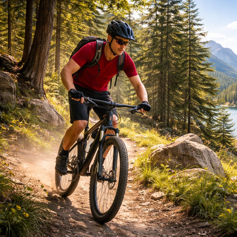 Man riding a mountain bike on a trail with trees and a lake in the background