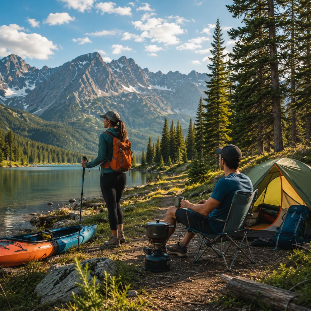 Two people camping by a lake with mountains in the background