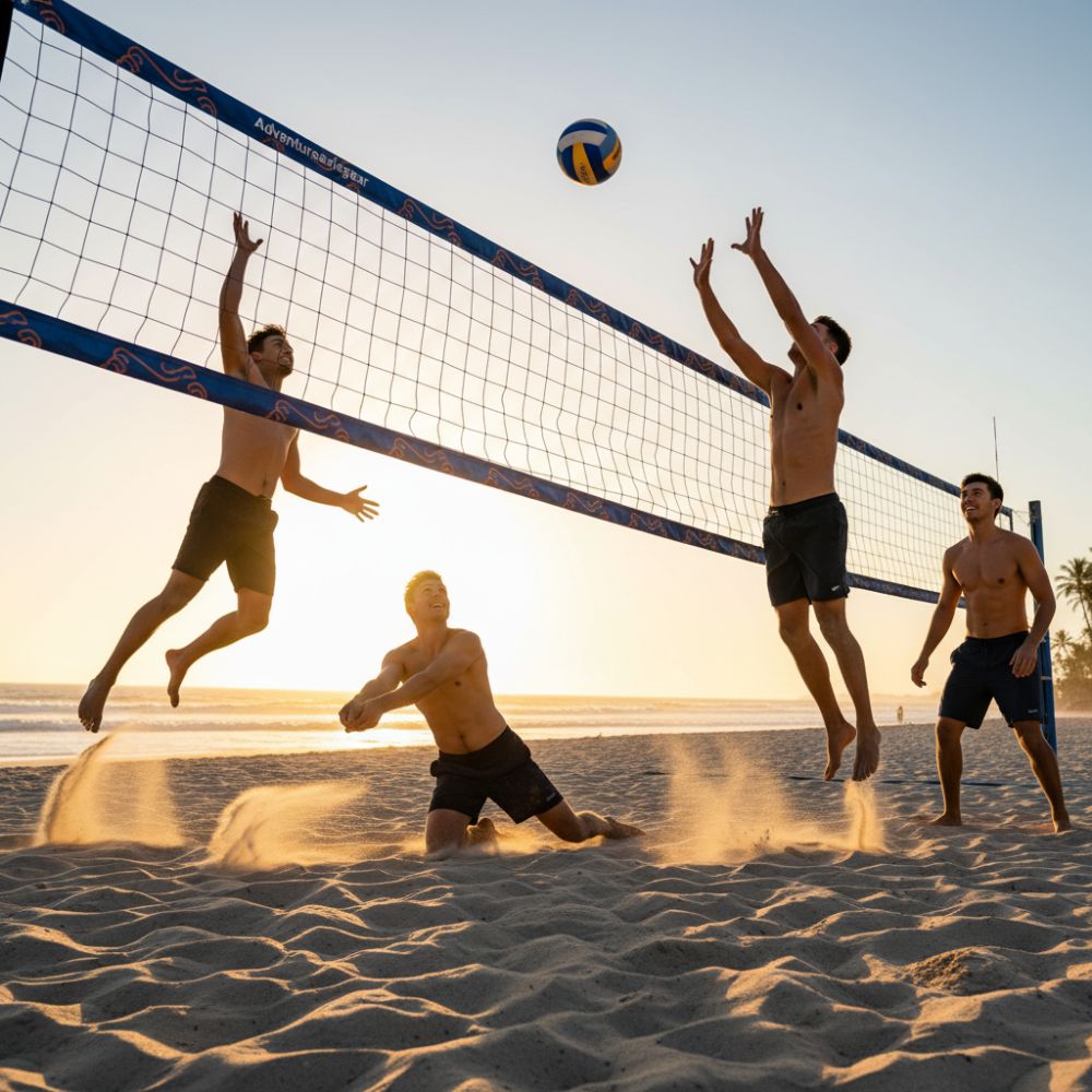 Four men playing beach volleyball on a sandy court with a sunset in the background.